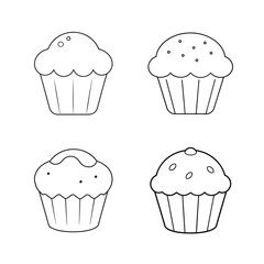 Simple outline illustrations of four different cupcakes in black and white isolated on white