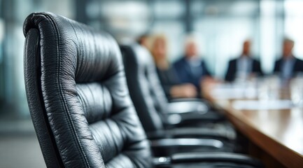 Close-up of a row of black leather executive chairs in a conference room, with blurred figures of businesspeople seated at a long table in the background