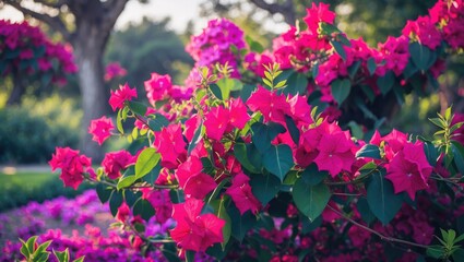 Bougainvillea Flower Photos, Colorful Flower In The Park with Empty Copy Space for Text