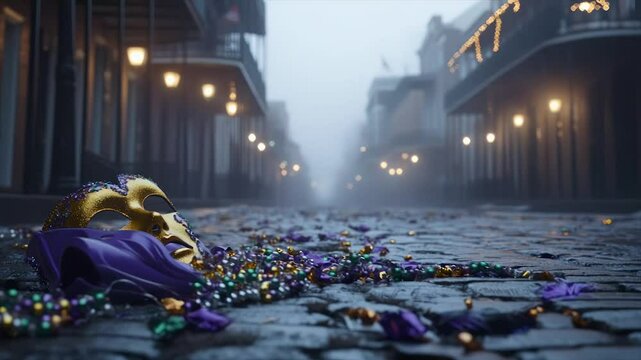 A misty street scene, remnants of a parade