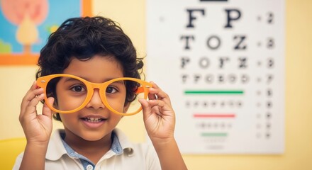 playful child holding oversized orange glasses, smiling in front of eye chart. concept of eye health and vision check. optometry, pediatric healthcare, educational materials.