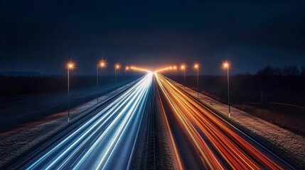 Obraz premium A modern highway illuminated by bright streetlights, stretching into the distance, with the glow of the lights reflecting off the road at night.