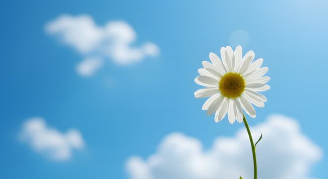 Single daisy flower with blue sky and clouds