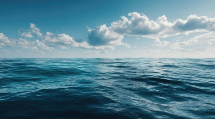A panoramic view of a calm ocean under a partly cloudy sky. The water is a deep blue, with gentle waves visible on the surface.  The sky is a vibrant blue with fluffy white clouds