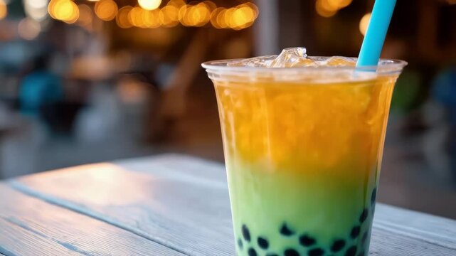 Colorful drink with tapioca pearls served at an outdoor cafe in the evening with warm lights illuminating the ambiance