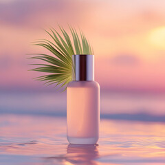 Tropical Cosmetic Bottle on Water with Sunset Beach Background