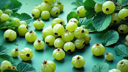 Green Variety, Ripe Gooseberries On The Table Are Scattered In A Bunch. Gooseberry Leaves. Top View. With Empty Copy Space For Text