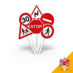 des panneaux routiers en groupe, apprendre le code de la route, illustration 3D sur fond transparent