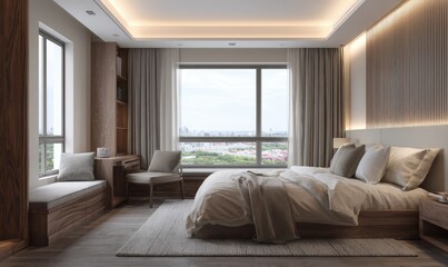 Fototapeta premium Modern bedroom with large window offering city view, featuring neutral tones, wooden accents, and comfortable bedding
