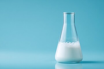Clear glass beaker, filled with white liquid and bubbles, against a light-blue background