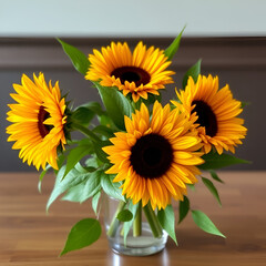 Naklejka premium sunflowers centerpiece with green leaves