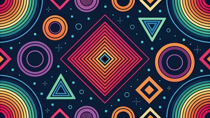 Colorful abstract geometric pattern with concentric circles, triangles, and diamonds on dark background. Retro futuristic style, ideal for digital design, backgrounds, and posters.