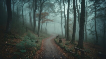 Obraz premium Fairy Forest Trail In The Fog with Empty Space for Text