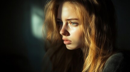 Fototapeta premium A natural beauty shot of a woman with long, flowing hair, gazing thoughtfully out of a window, with gentle sunlight illuminating her features and creating a soft glow.