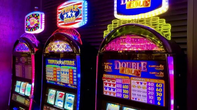 Casino gaming floor, colorful slot machines, jackpot betting and gambling