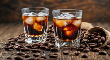 Coffee liqueur in glasses with ice and beans, wood background, copy space, toned, with empty copy space for text.