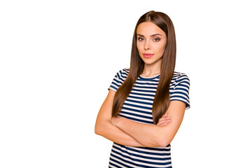 Close up photo of cool lady with crossed arms company representative wear striped t-shirt isolated...