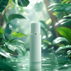Natural Skincare Bottle in Tropical Leaf Forest