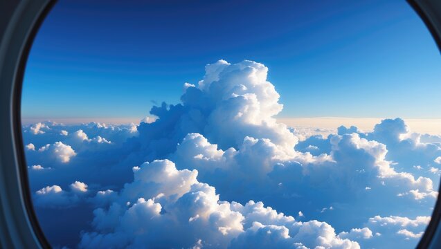 A breathtaking aerial view from an airplane window of fluffy white clouds against a gradient blue sky.
