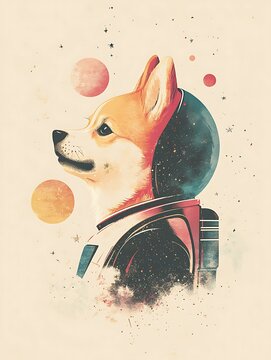 corgi astronaut, a realistic digital painting of a happy corgi wearing a detailed astronaut suit, floating in zero gravity with a vibrant Animal Astronauts Corgis in Space