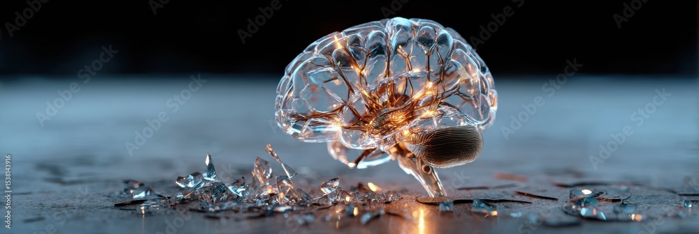 Poster Surreal Representation of a Glass Brain With Shattered Nerves Illuminating a Dark Space, Blending Fragility With Complexity