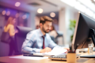 Blurred Office Setting with Man at Computer Water Glass Paper and Woman Figure