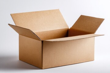 An empty, light brown cardboard box sits open on a white background, its flaps extended, showing the interior.  The lighting is even and bright, highlighting the box's texture