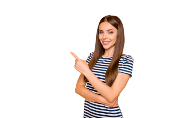Photo of friendly lady indicating finger empty space on low prices wear striped t-shirt isolated yellow background