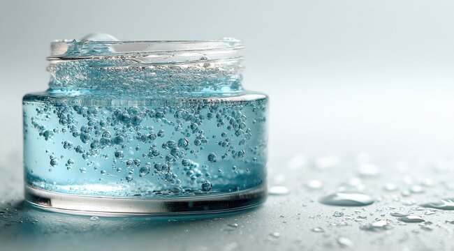 A partially open glass jar filled with a light blue, bubbly gel sits on a surface with water droplets. The gel appears light and airy with numerous small bubbles visible throughout