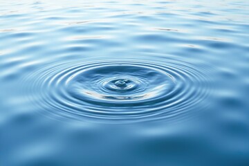 A single water drop creates concentric ripples on a calm, blue water surface. The image conveys peace and tranquility through its simplicity and symmetry