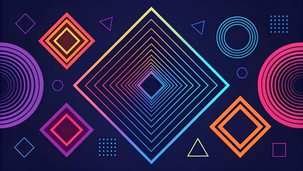 Colorful abstract geometric pattern with concentric circles, triangles, and squares on dark background. Retro pop art style, ideal for posters, backgrounds, and digital design.