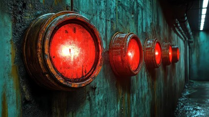 Rusty metal wall with glowing red circular lights