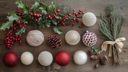 flat-lay of holiday decorations, including glittery baubles, ribbons, and sprigs of holly, arranged on a textured wooden table, Generative AI