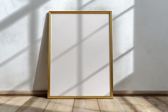 A gold-framed blank canvas stands against a textured wall, bathed in sunlight streaming through a window, casting dramatic shadows on the floor and frame