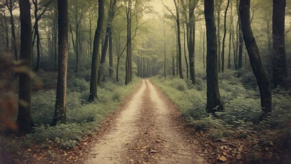 Forest Pathway through lush trees and greenery, with a dirt trail leading into the distance, creating a peaceful woodland scene.