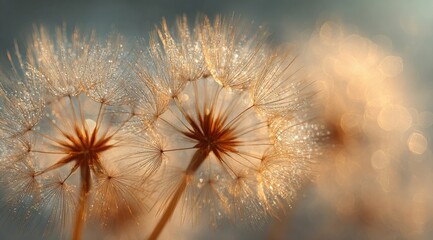 Close-up of two dandelion seed heads glistening with dew, backlit by soft, warm light, blurred background