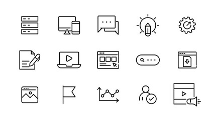 Website linear icon set. SEO, internet, web design, hosting, server, homepage, e-commerce, search, homepages, media, web, contact, outline vector icon set. UI thin line icon pack.