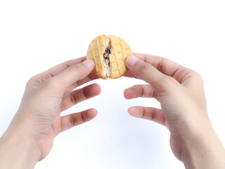 Hands breaking a round cookie filled with purple and white filling, isolated on a white background