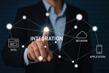 Fototapeta premium Businessman Engaging with Data Integration Network Office Environment Digital Connection Professional Viewpoint