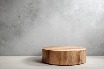 A simple, round wooden platform sits on a light-colored surface against a textured grey wall.  The image is clean and minimalist