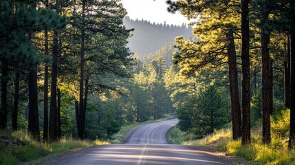 Fototapeta premium A picturesque scene of a mountain road framed by towering pine trees, with sunlight filtering through the branches, creating a serene and inviting atmosphere.