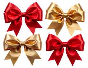 Red and Metallic Gold Paper Bows Set, Clean Cutout on Transparent Background PNG