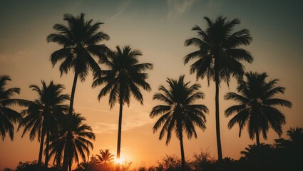 Fototapeta premium Silhouette of palm trees against a sunset backdrop, featuring a vintage filter and an empty area for text.