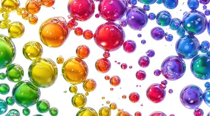 A vibrant array of iridescent spheres, varying in size, float against a stark white backdrop, creating a dynamic and colorful composition