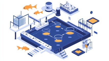 Isometric illustration of an automated fish production system in blue and orange