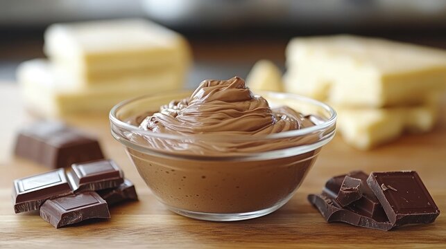 Chocolate spread in glass bowl, surrounded by chocolate pieces and wafers
