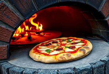 Outdoor pizza oven, wood-fired pizza baking on stone, grill, party