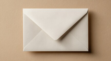 A plain white envelope sits on a muted beige background, showcasing its simple design and clean lines.  The subtle texture of the paper is visible