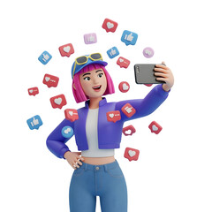 3D Woman Taking Selfie with Social Media Icons - Influencer, Blogger & Online Popularity Concept, Isolated on Transparent Background PNG