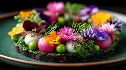 A plate of fresh sashimi arranged in the shape of an arch, with flowers and herbs as garnishes on top.